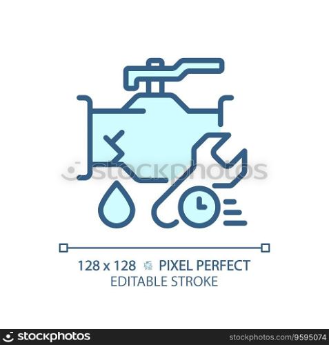 2D pixel perfect editable blue pipe leakage with time and wrench icon, isolated vector, thin line illustration representing plumbing.. 2D thin linear blue pipe leakage with time and wrench icon