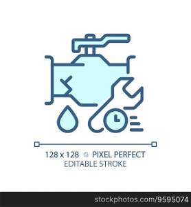 2D pixel perfect editable blue pipe leakage with time and wrench icon, isolated vector, thin line illustration representing plumbing.. 2D thin linear blue pipe leakage with time and wrench icon