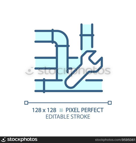 2D pixel perfect editable blue pipe repair icon, isolated vector, thin line illustration representing plumbing.. 2D customizable thin linear blue pipe repair icon