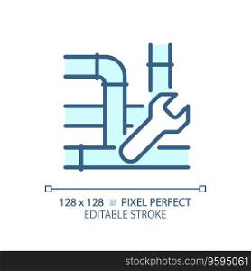 2D pixel perfect editable blue pipe repair icon, isolated vector, thin line illustration representing plumbing.. 2D customizable thin linear blue pipe repair icon