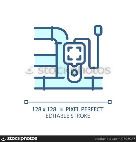 2D pixel perfect editable blue pipeline and device icon, isolated vector, thin line illustration representing plumbing.. 2D customizable thin linear blue pipeline and device icon