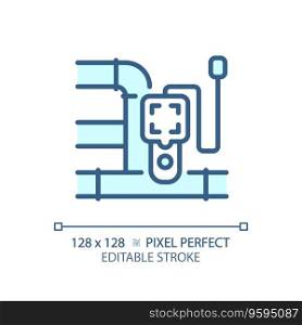 2D pixel perfect editable blue pipeline and device icon, isolated vector, thin line illustration representing plumbing.. 2D customizable thin linear blue pipeline and device icon