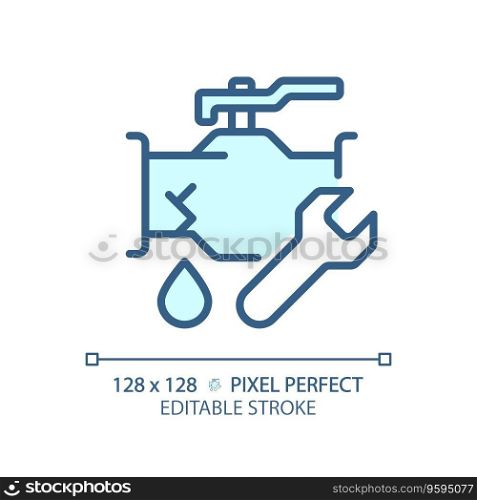 2D pixel perfect editable blue pipeline leakage icon, isolated vector, thin line illustration representing plumbing.. 2D customizable thin linear blue pipeline leakage icon