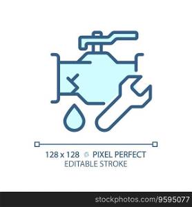 2D pixel perfect editable blue pipeline leakage icon, isolated vector, thin line illustration representing plumbing.. 2D customizable thin linear blue pipeline leakage icon