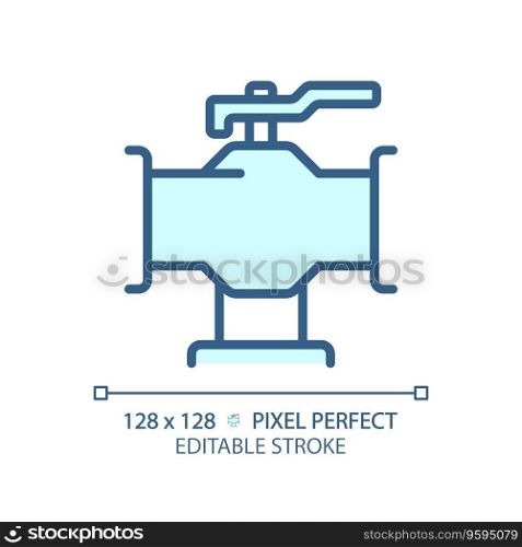 2D pixel perfect editable blue pipeline with valve icon, isolated vector, thin line illustration representing plumbing.. 2D customizable thin linear blue pipeline with valve icon