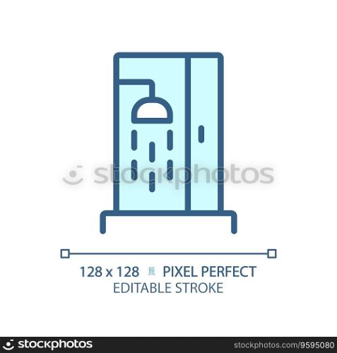 2D pixel perfect editable blue shower icon, isolated vector, thin line illustration representing plumbing.. 2D customizable thin linear blue shower icon