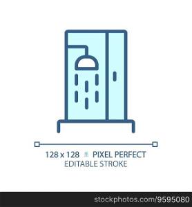 2D pixel perfect editable blue shower icon, isolated vector, thin line illustration representing plumbing.. 2D customizable thin linear blue shower icon