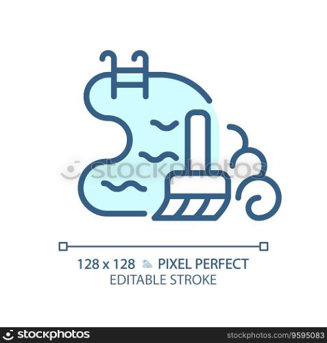 2D pixel perfect editable blue swimming pool cleaning icon, isolated vector, thin line illustration representing plumbing.. 2D customizable blue swimming pool cleaning icon