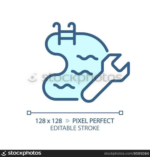2D pixel perfect editable blue swimming pool maintenance icon, isolated vector, thin line illustration representing plumbing.. 2D customizable blue swimming pool maintenance icon