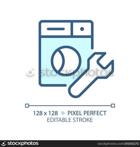 2D pixel perfect editable blue washing machine repair icon, isolated vector, thin line illustration representing plumbing.. 2D thin linear blue washing machine repair icon