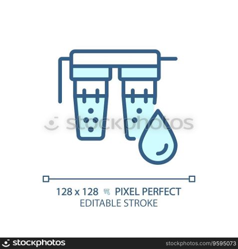2D pixel perfect editable blue water filter icon, isolated vector, thin line illustration representing plumbing.. 2D customizable thin linear blue water filter icon