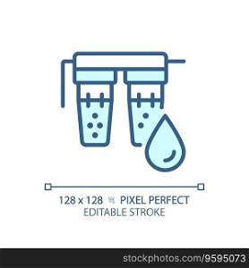 2D pixel perfect editable blue water filter icon, isolated vector, thin line illustration representing plumbing.. 2D customizable thin linear blue water filter icon