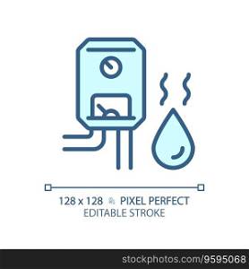 2D pixel perfect editable blue water heater icon, isolated vector, thin line illustration representing plumbing.. 2D customizable thin linear blue water heater icon