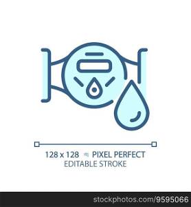 2D pixel perfect editable blue water meter icon, isolated vector, thin line illustration representing plumbing.. 2D customizable thin linear blue water meter icon