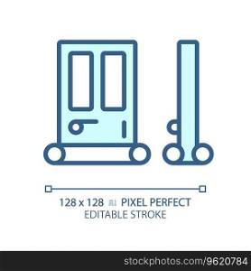 2D pixel perfect editable door seal blue icon, isolated vector, soundproofing thin line illustration.. Customizable door seal blue thin linear icon