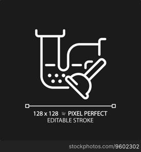 2D pixel perfect editable white drain blockage and plunger icon, isolated vector, thin line illustration representing plumbing.. 2D thin linear white drain blockage and plunger icon