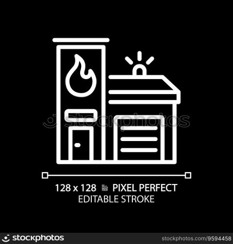 2D pixel perfect editable white fire brigade icon, isolated vector, building thin line illustration.. 2D editable thin line fie brigade icon
