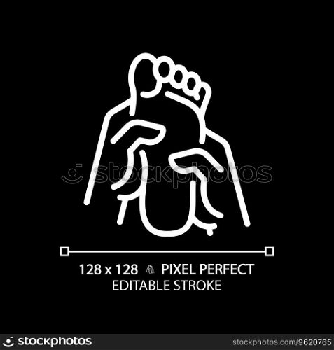 2D pixel perfect editable white foot massage icon, isolated vector, thin line illustration.. 2D customizable foot massage white linear icon