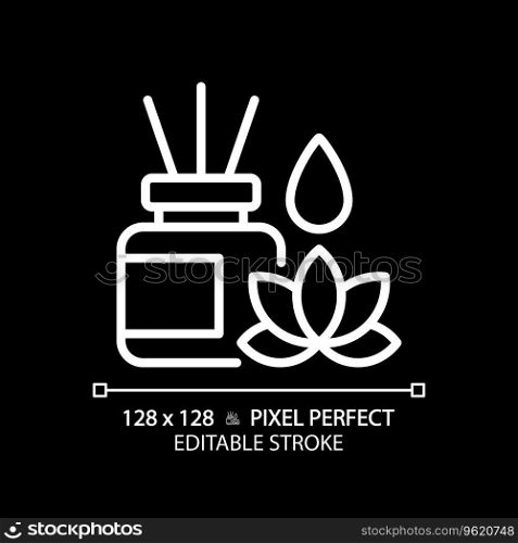 2D pixel perfect editable white incense sticks and lotus icon, isolated vector, meditation thin line illustration.. 2D customizable incense sticks and lotus white linear icon