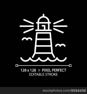2D pixel perfect editable white lighthouse icon, isolated vector, building thin line illustration.. 2D editable thin line lighthouse icon