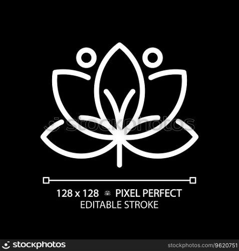 2D pixel perfect editable white lotus icon, isolated vector, meditation thin line illustration.. 2D customizable lotus white linear icon