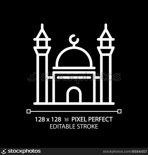 2D pixel perfect editable white mosque icon, isolated vector, building thin line illustration.. 2D editable thin line mosque icon