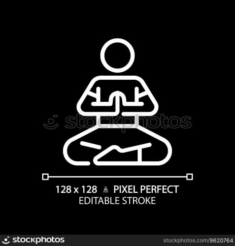 2D pixel perfect editable white prayer pose icon, isolated vector, meditation thin line illustration.. 2D customizable prayer pose white linear icon