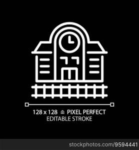 2D pixel perfect editable white railway station icon, isolated vector, building thin line illustration.. 2D editable thin line railway station icon