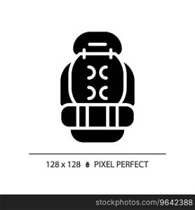 2D pixel perfect glyph style backpack icon, isolated vector, hiking gear silhouette illustration.. 2D backpack simple glyph style black icon