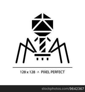 2D pixel perfect glyph style bacteriophage icon, isolated vector, simple silhouette illustration representing bacteria.. 2D glyph style black bacteriophage simple icon