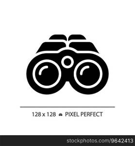 2D pixel perfect glyph style binoculars icon, isolated vector, hiking gear silhouette illustration.. 2D binoculars simple glyph style black icon