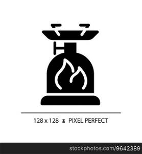 2D pixel perfect glyph style c&ing stove icon, isolated vector, hiking gear silhouette illustration.. 2D c&ing stove simple glyph style black icon