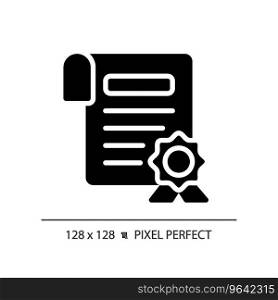 2D pixel perfect glyph style certificate icon, isolated vector, silhouette document illustration. 2D certificate glyph style black icon