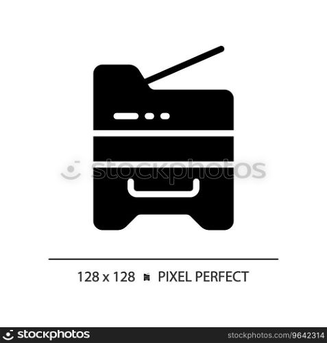 2D pixel perfect glyph style copier icon, isolated vector, silhouette document illustration. 2D copier glyph style black icon