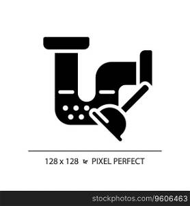 2D pixel perfect glyph style drain blockage and plunger icon, isolated vector, simple silhouette illustration representing plumbing.. 2D black glyph style drain blockage and plunger icon