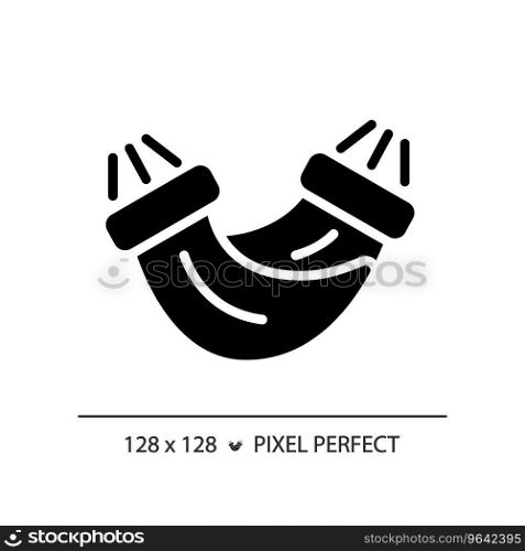 2D pixel perfect glyph style hammock icon, isolated vector, hiking gear silhouette illustration.. 2D hammock simple glyph style black icon
