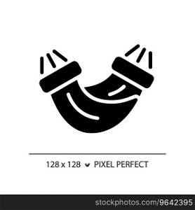 2D pixel perfect glyph style hammock icon, isolated vector, hiking gear silhouette illustration.. 2D hammock simple glyph style black icon