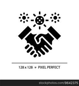 2D pixel perfect glyph style handshake with virus icon, isolated vector, simple silhouette illustration representing bacteria.. 2D glyph style black handshake with virus simple icon