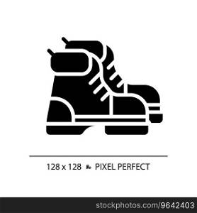 2D pixel perfect glyph style hiking boot icon, isolated vector, hiking gear silhouette illustration.. 2D hiking boot simple glyph style black icon