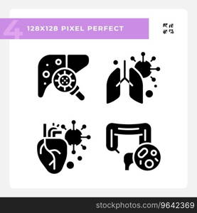 2D pixel perfect glyph style icons set representing bacteria, simple silhouette illustration.. Pixel perfect glyph style bacteria silhouette icons set