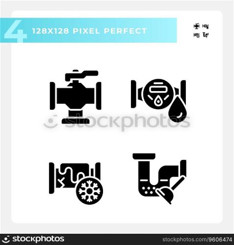 2D pixel perfect glyph style icons set representing plumbing, simple silhouette illustration.. Pixel perfect glyph style plumbing icons set