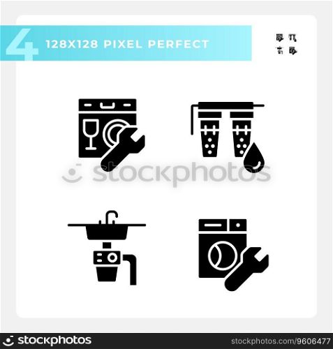 2D pixel perfect glyph style icons set representing plumbing, simple silhouette illustration.. Pixel perfect glyph style plumbing solid icons set