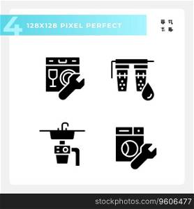 2D pixel perfect glyph style icons set representing plumbing, simple silhouette illustration.. Pixel perfect glyph style plumbing solid icons set