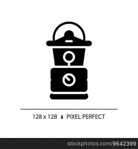 2D pixel perfect glyph style lantern icon, isolated vector, hiking gear silhouette illustration.. 2D lantern simple glyph style black icon