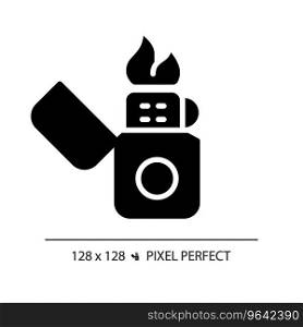 2D pixel perfect glyph style lighter icon, isolated vector, hiking gear silhouette illustration.. 2D lighter simple glyph style black icon
