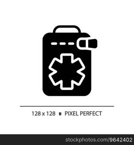 2D pixel perfect glyph style medical bag icon, isolated vector, hiking gear silhouette illustration.. 2D medical bag simple glyph style black icon