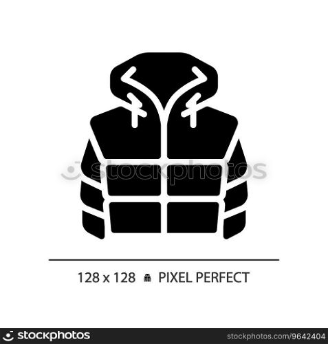 2D pixel perfect glyph style padded jacket icon, isolated vector, hiking gear silhouette illustration.. 2D padded jacket simple glyph style black icon