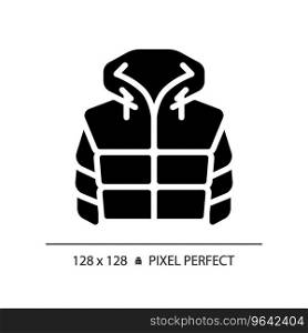 2D pixel perfect glyph style padded jacket icon, isolated vector, hiking gear silhouette illustration.. 2D padded jacket simple glyph style black icon