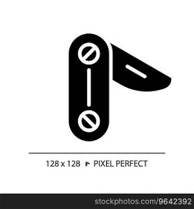 2D pixel perfect glyph style penknife icon, isolated vector, hiking gear silhouette illustration.. 2D penknife simple glyph style black icon