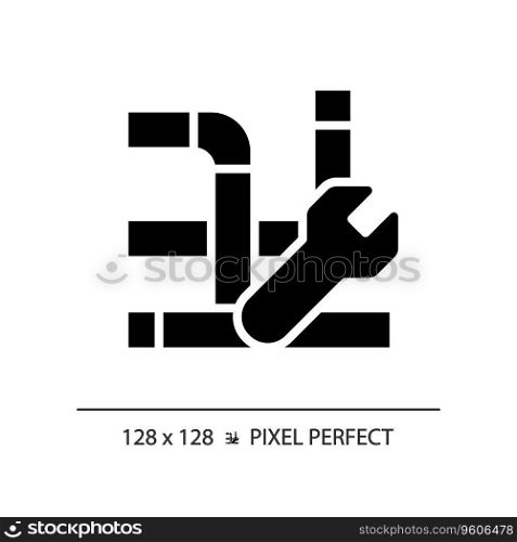 2D pixel perfect glyph style pipe repair icon, isolated vector, simple silhouette illustration representing plumbing.. 2D black glyph style pipe repair icon